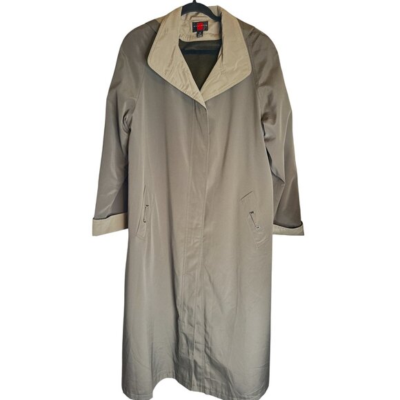 NWOT Gallery Size 12 Long Trench Coat Khaki Green Beige With Hood Rain Coat Line - Picture 1 of 16